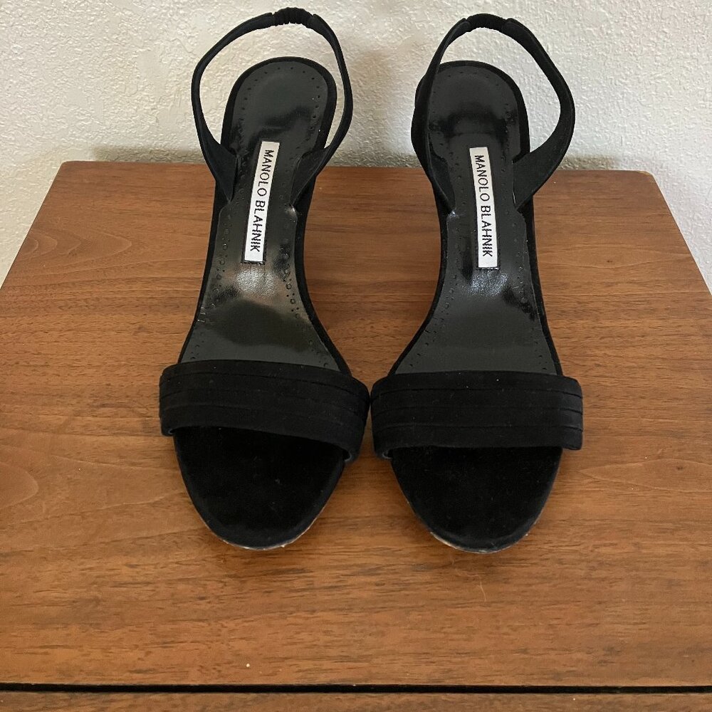 Manolo Blahnik Black, Strappy Heels, Sling Back, Open Toe, EU 39 US 8